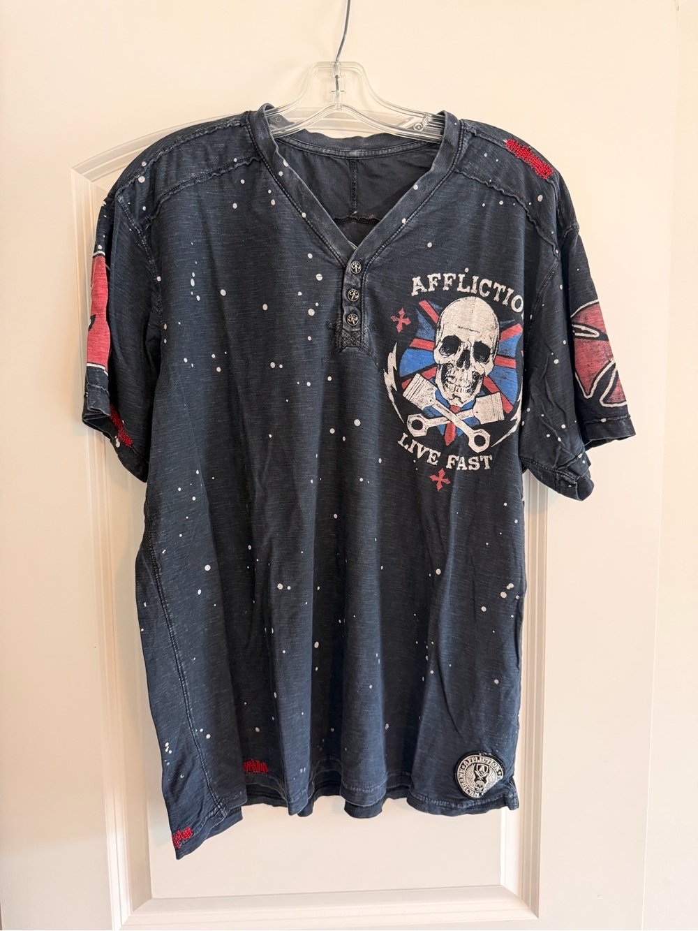Affliction Navy Blue Live Fast Skull Henley Tee with Red Accents